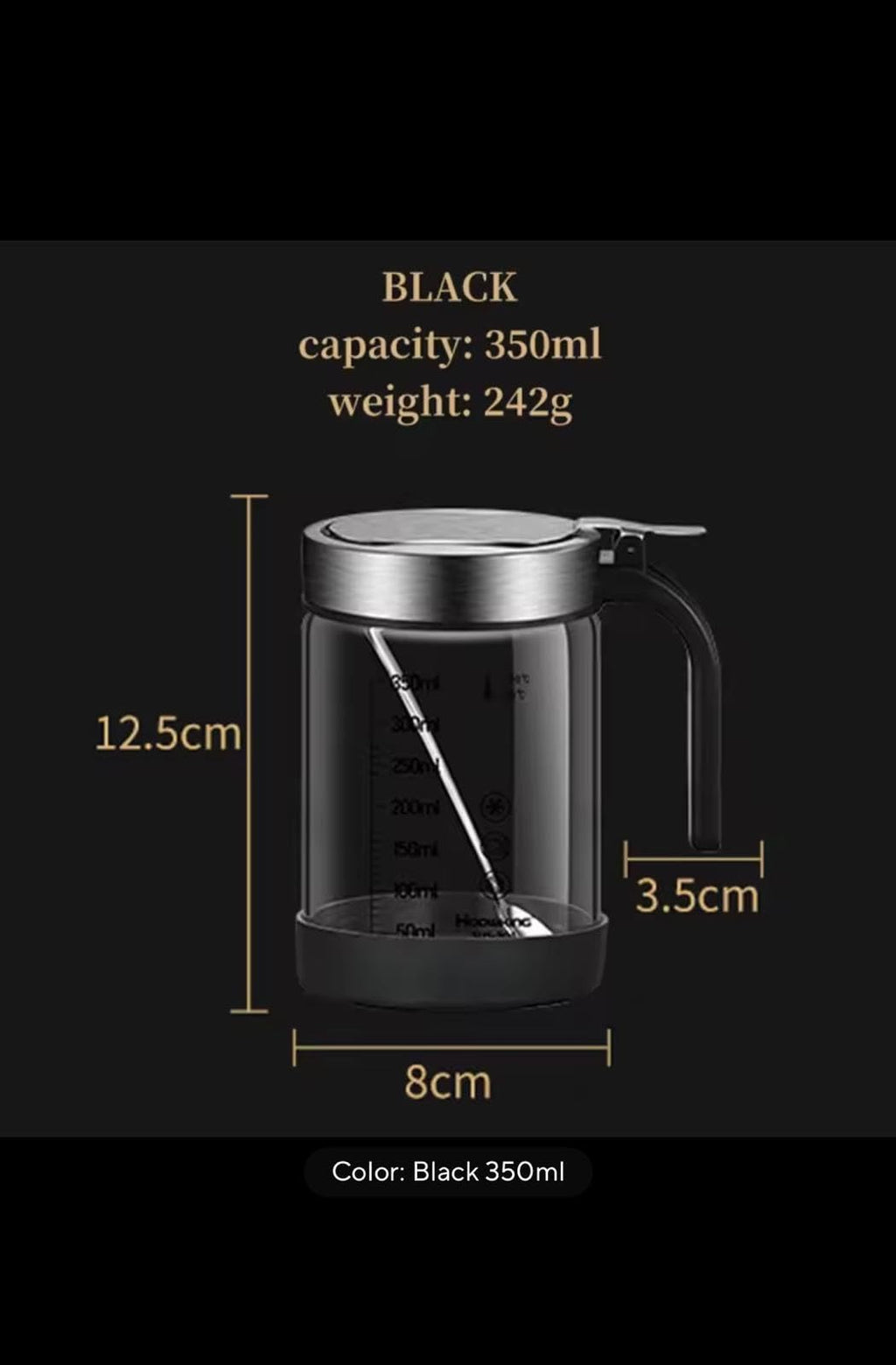 Hoowking Glass Seasoning Jar with Spoon and Lid, Black, 350ml, 3 Pack