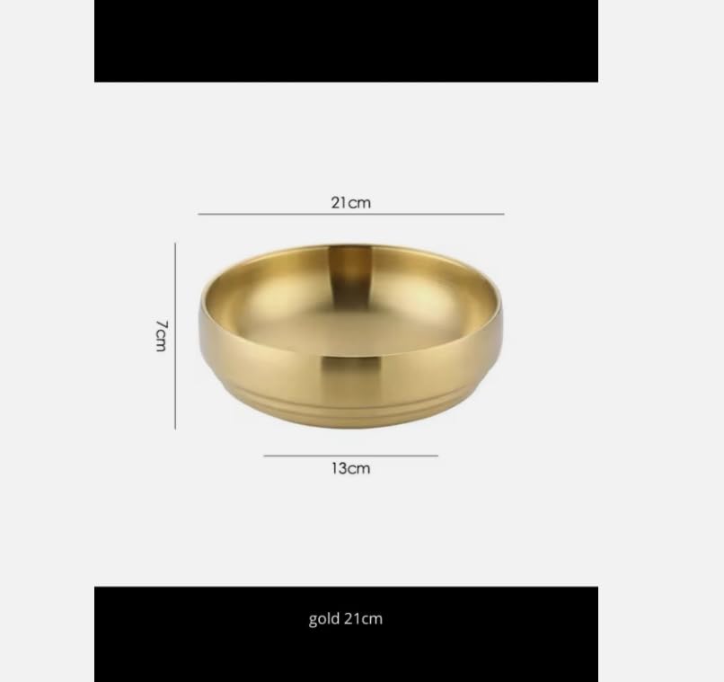Korean Style Stainless Steel Double Layer Cold Noodle Bowl, Gold Finish, Round Serving Bowl for Traditional Asian Cuisine