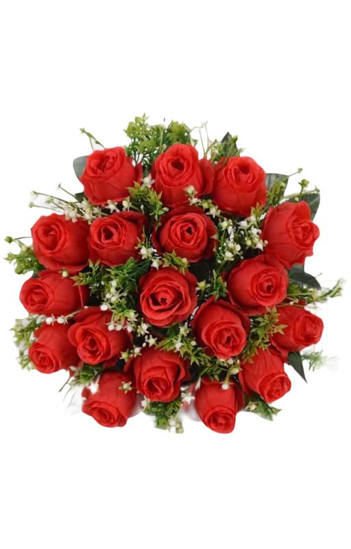 Artificial Rose Bouquet, Red Silk Roses with Baby's Breath, 18 Heads Wedding Bridal Flowers, Home Decor