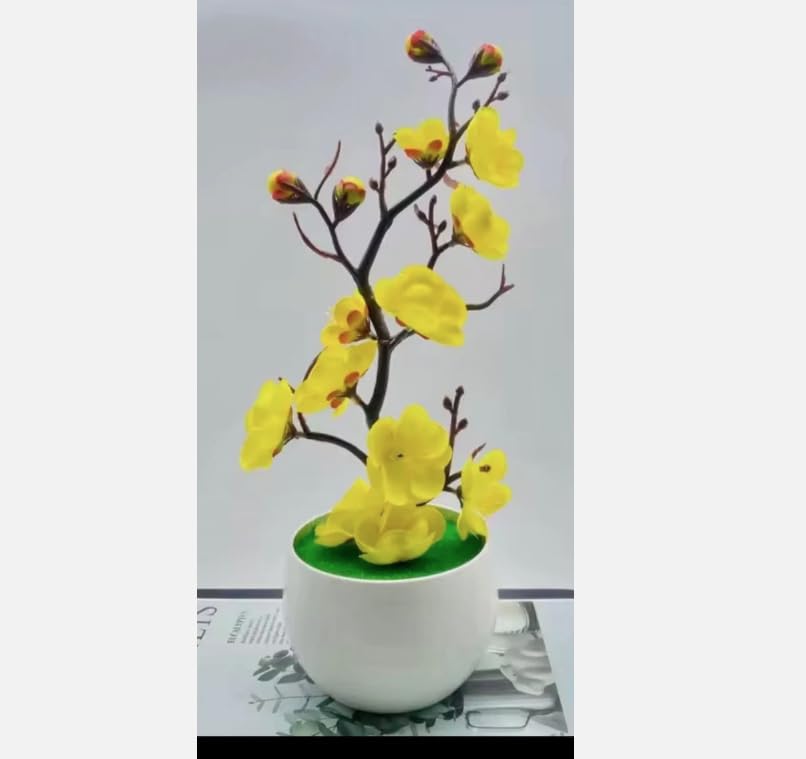 Artificial Cherry Blossom Bonsai Trees, Set of 4 White Ceramic Pots with Pink, Red and White Flowers, Decorative Mini Faux Plants for Home