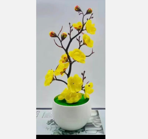 Artificial Cherry Blossom Bonsai Trees, Set of 4 White Ceramic Pots with Pink, Red and White Flowers, Decorative Mini Faux Plants for Home