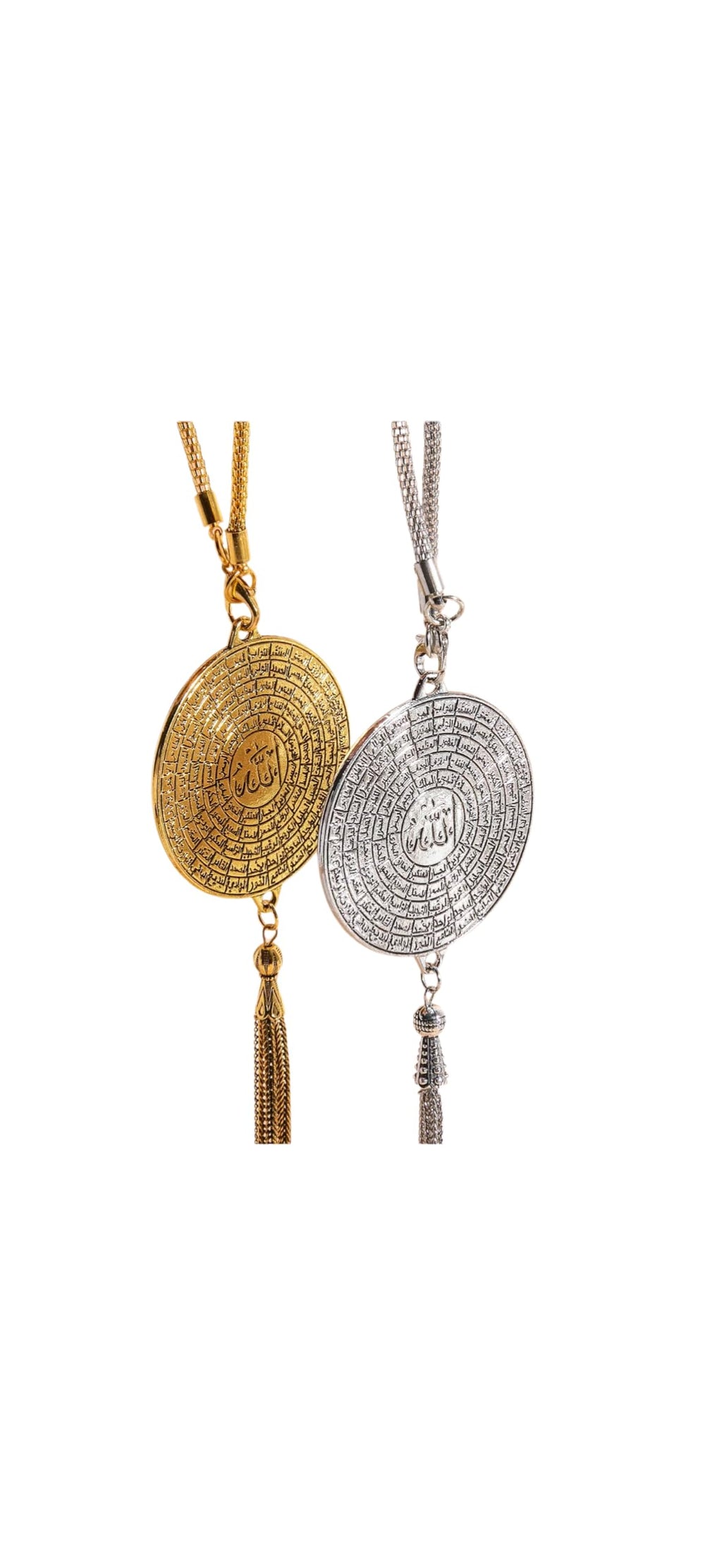 Elegant Islamic Car Hanging Ornament, Gold and Silver Medallion Pendant with Tassel, Prayer Beads Tasbih Misbaha Design, Religious Vehicle Decoration