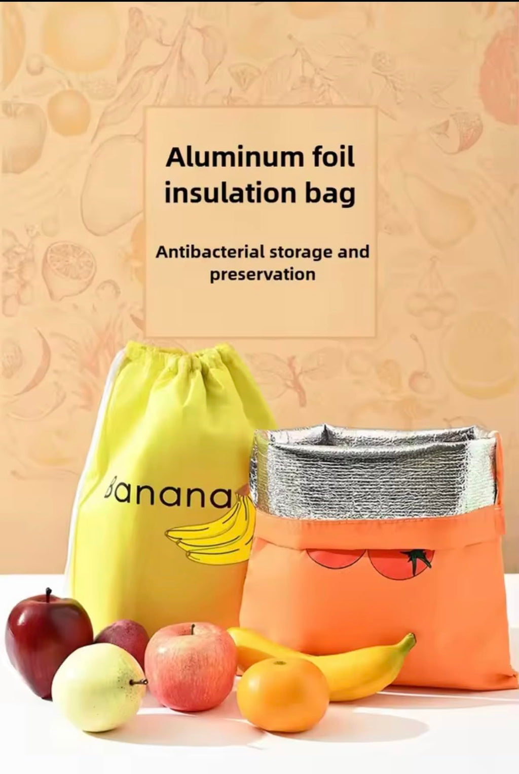 Insulated Fresh-Keeper Reusable Storage Bags for Fruit and Vegetable, Aluminum Foil Lining, Drawstring Closure, 3 Pack