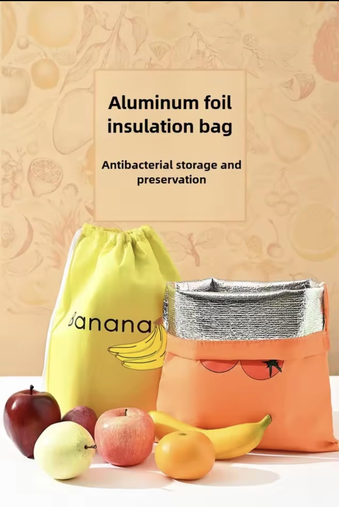 Insulated Fresh-Keeper Reusable Storage Bags for Fruit and Vegetable, Aluminum Foil Lining, Drawstring Closure, 3 Pack