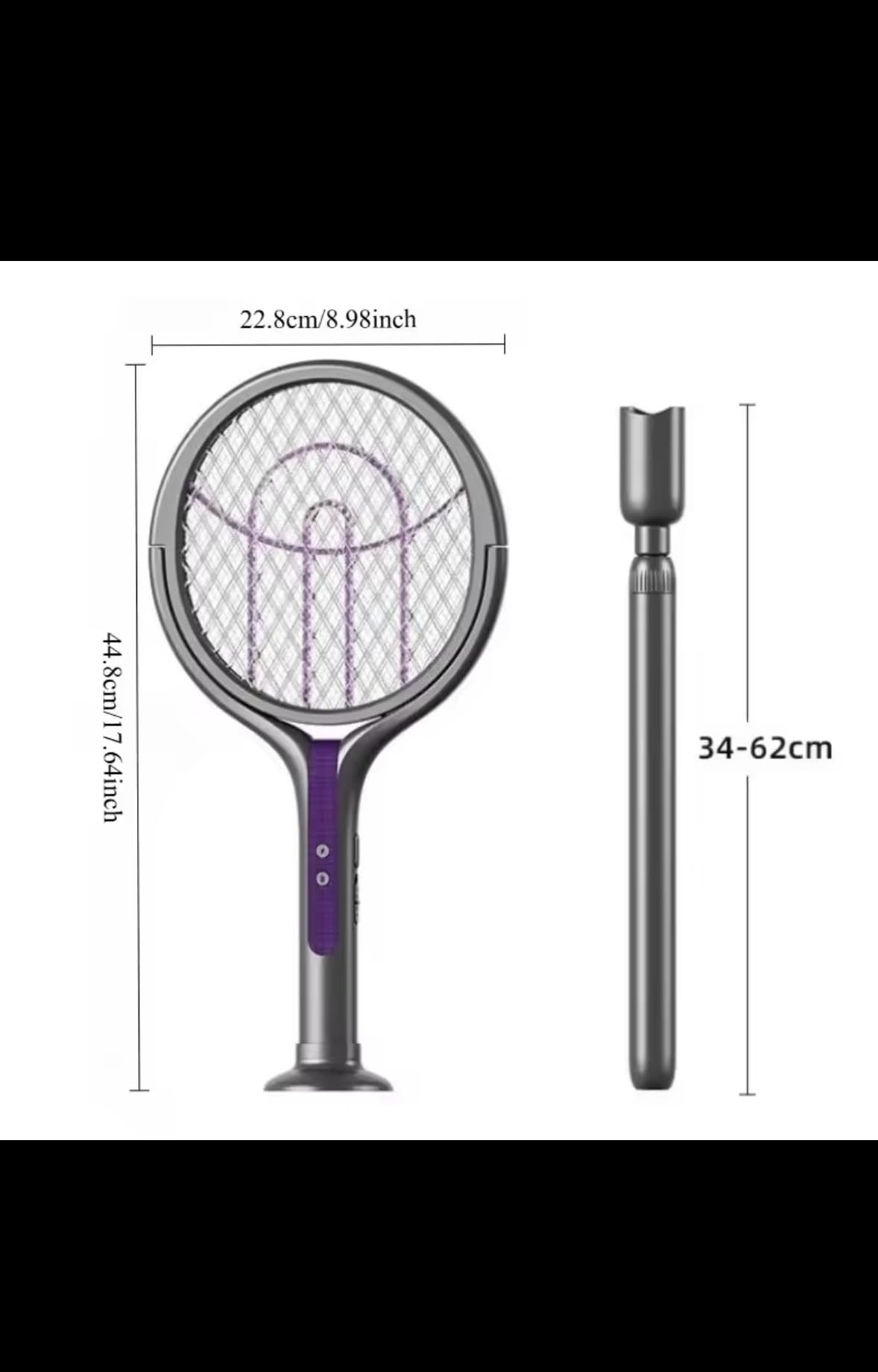 Electric Mosquito Swatter with Extendable Handle, 2800V High Voltage, Rotatable Head, 34-62cm Telescopic, Purple and Grey, Safety Protection Net for Indoor Pest Control