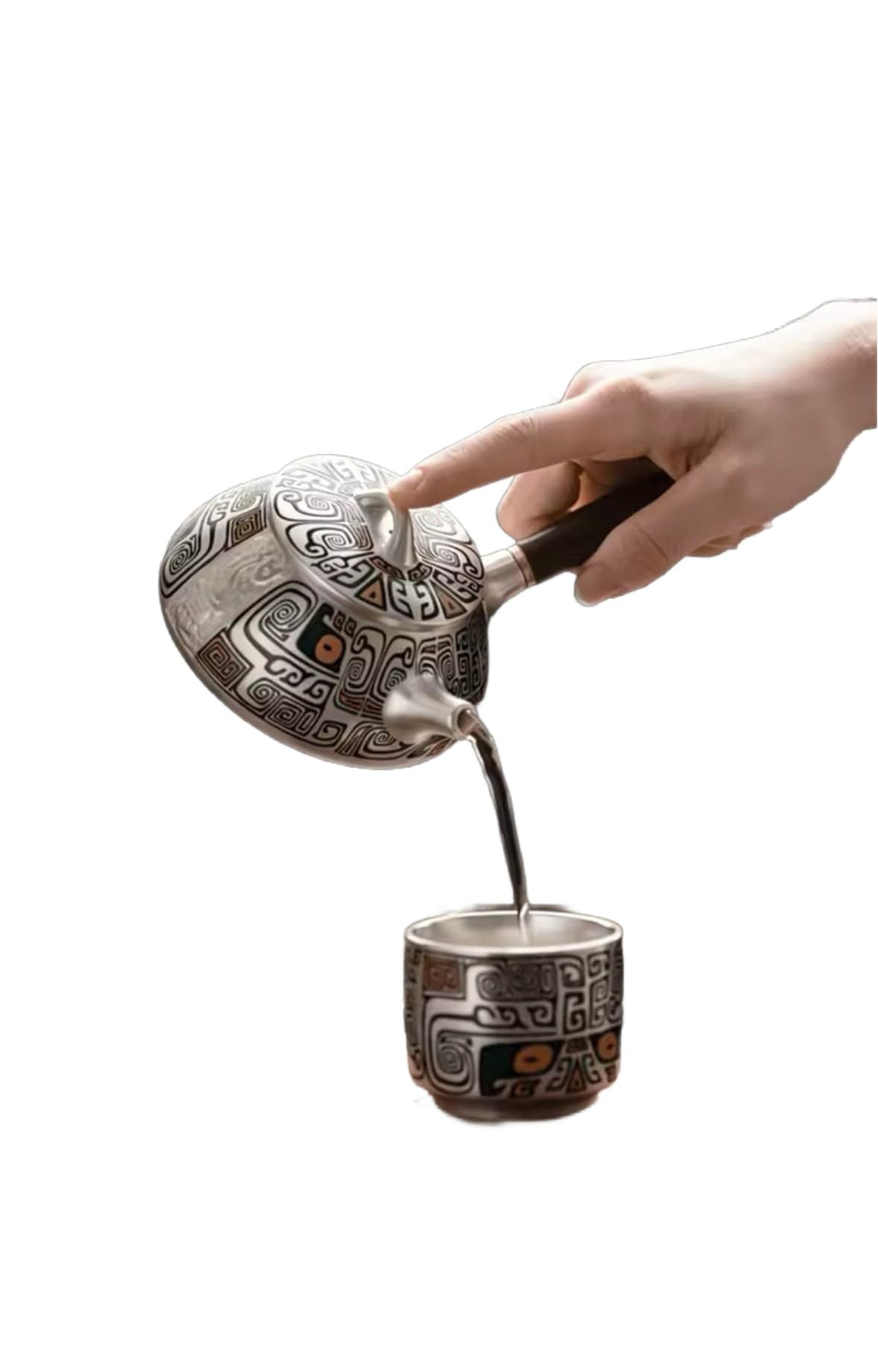 Handcrafted Silver Teapot with Aztec Pattern Design, Traditional Kung Fu Tea Set, Side Handle Stone Ladle, Pure Silver Gilded Finish for Household Use