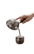 Handcrafted Silver Teapot with Aztec Pattern Design, Traditional Kung Fu Tea Set, Side Handle Stone Ladle, Pure Silver Gilded Finish for Household Use