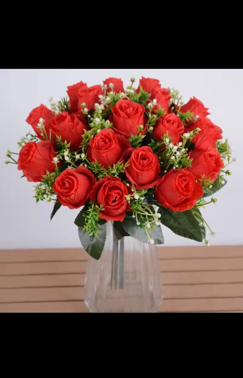 Artificial Rose Bouquet, Red Silk Roses with Baby's Breath, 18 Heads Wedding Bridal Flowers, Home Decor