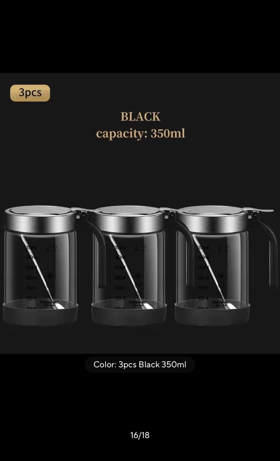 Hoowking Glass Seasoning Jar with Spoon and Lid, Black, 350ml, 3 Pack