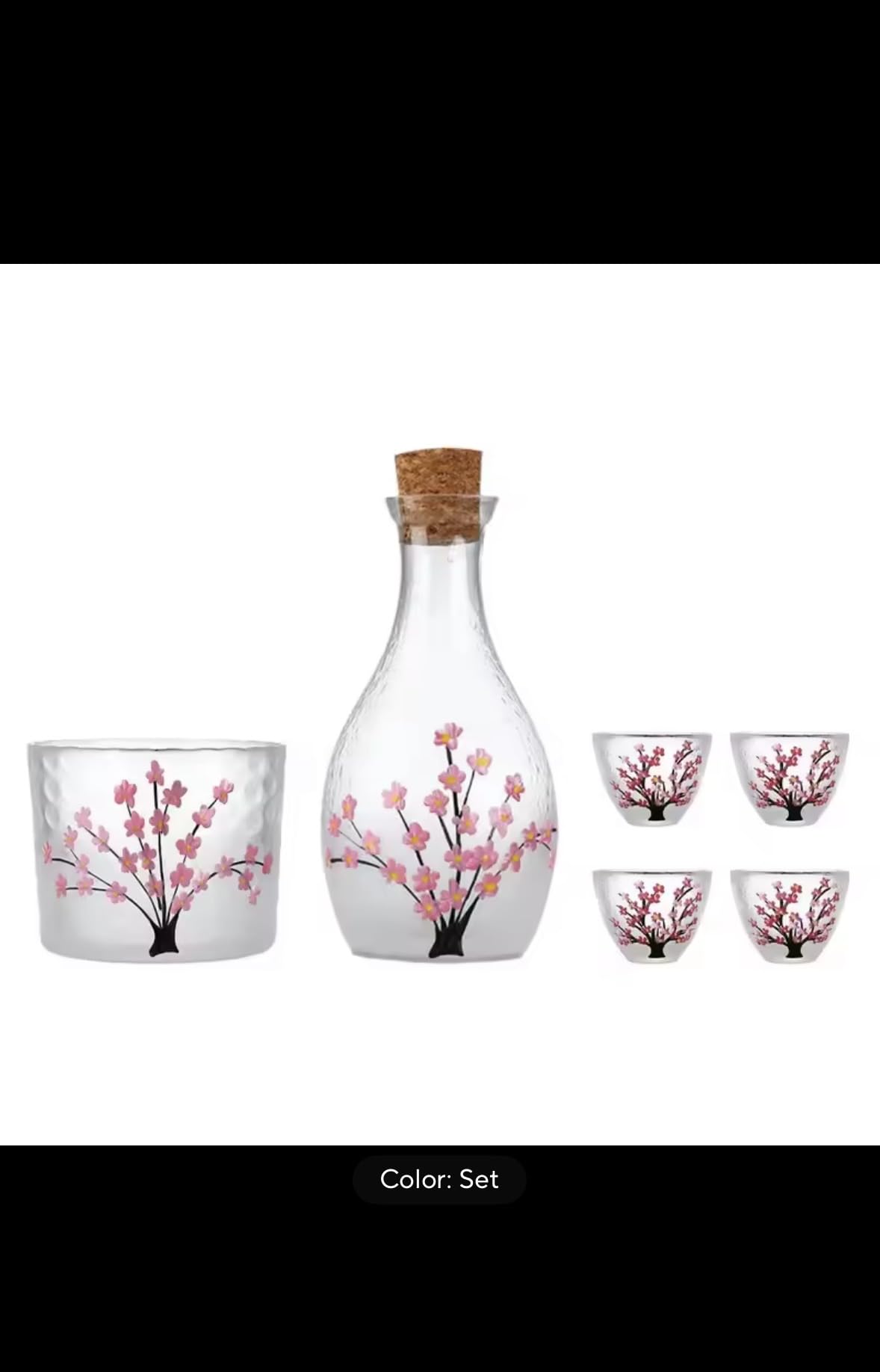 Japanese Cherry Blossom Sake Set, Hand-Painted Glass Bottle with 4 Cups, Traditional Frosted Design, Decorative Serving Set for Wine, Tea, Cold Drinks