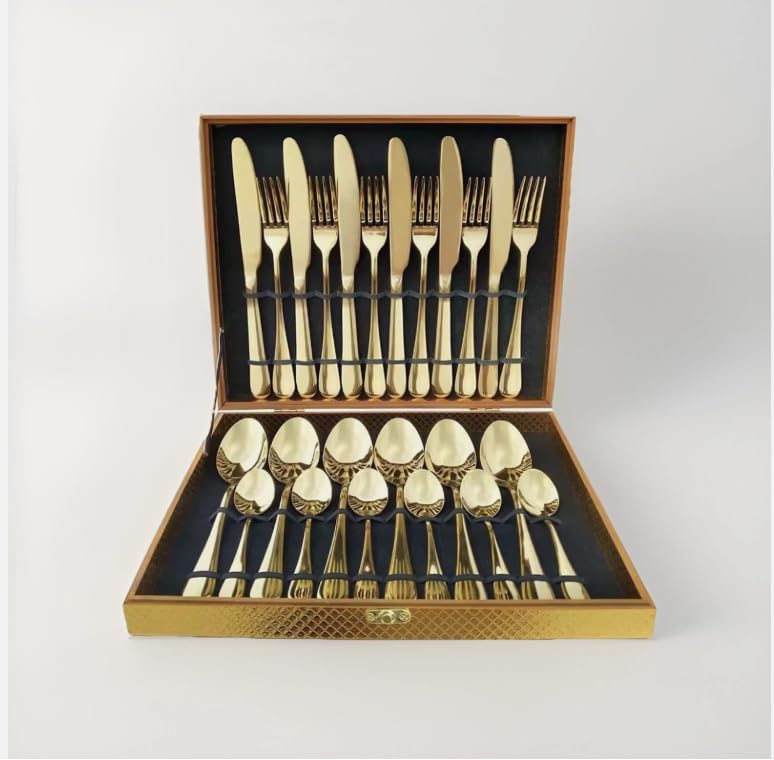 Luxury 24-Piece Gold Plated Cutlery Set, Stainless Steel Flatware Service for 6, Premium Dinnerware with Storage Case