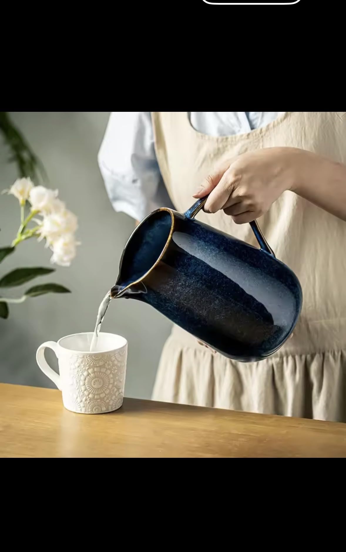 Ceramic Water Pitcher, Vintage Blue Glazed Porcelain Tea Kettle, Decorative Flower Vase with Gold Trim, Traditional Asian Style Pour Spout Design