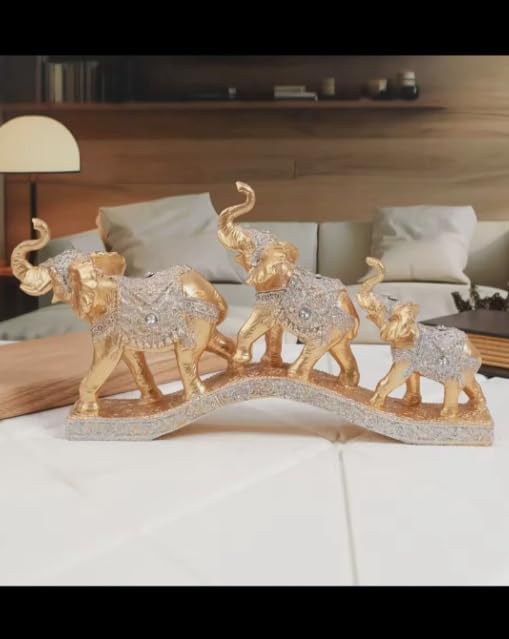 Decorative Elephant Family Figurine Set, Gold and Silver Glitter Resin Sculptures, Traditional Indian Style Home Decor Collection