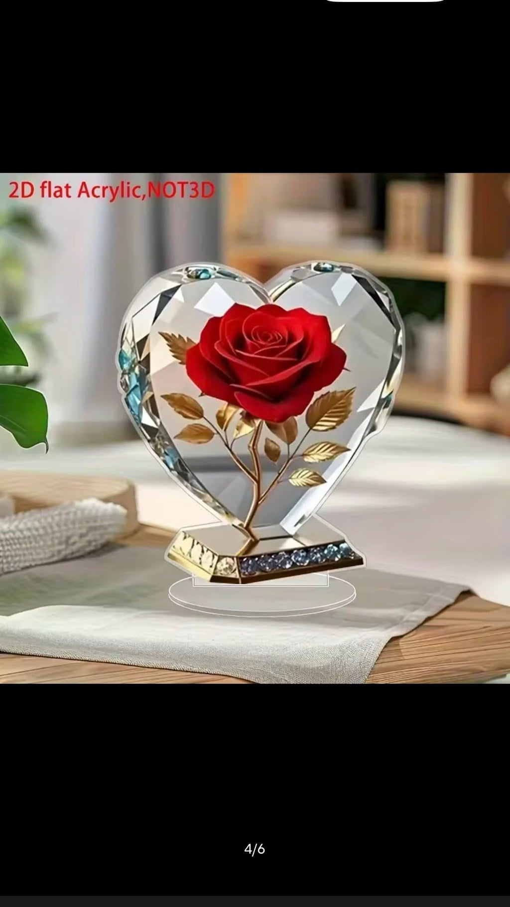Acrylic Heart Shaped Sculpture Ornament with Red Rose and Gold Accents, 15cm Desktop Decor, 2D Flat Design, Scratch Resistant