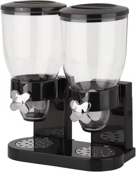 Dual Control Dry Food Cereal Dispenser, Storage Container, Round, 2L, Black and White