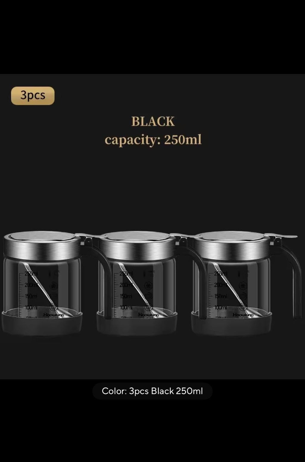 Hoowking Glass Seasoning Jar with Spoon and Lid, Black, 350ml, 3 Pack