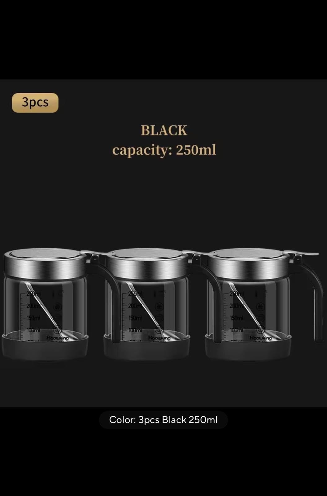Hoowking Glass Seasoning Jar with Spoon and Lid, Black, 350ml, 3 Pack
