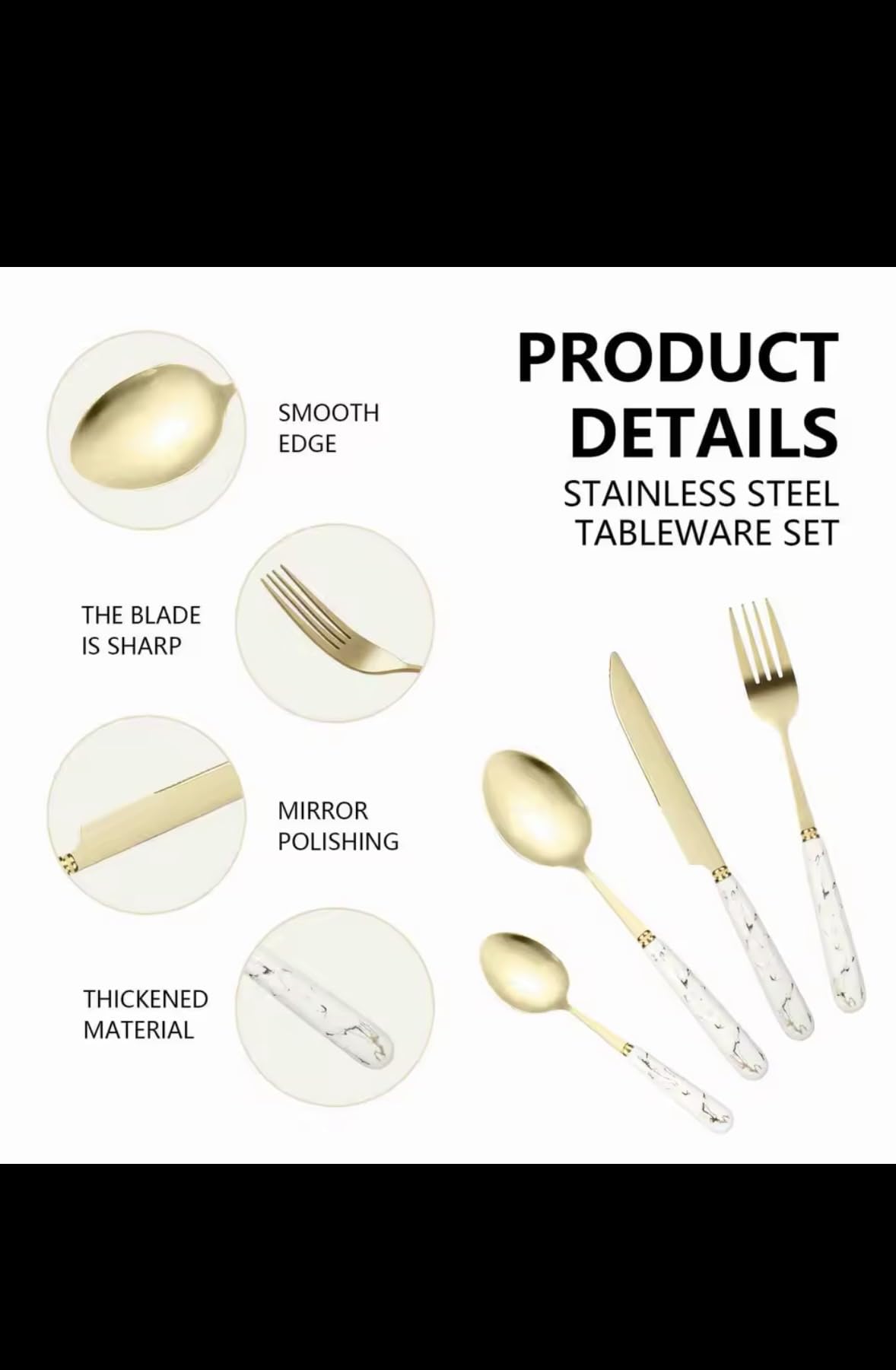 Luxury Gold Marble Pattern Flatware Set, 24-Piece Stainless Steel Cutlery Set with Stand, Mirror Polished Tableware with Thickened Material, Sharp Blade, Smooth Edge for Home, Restaurant