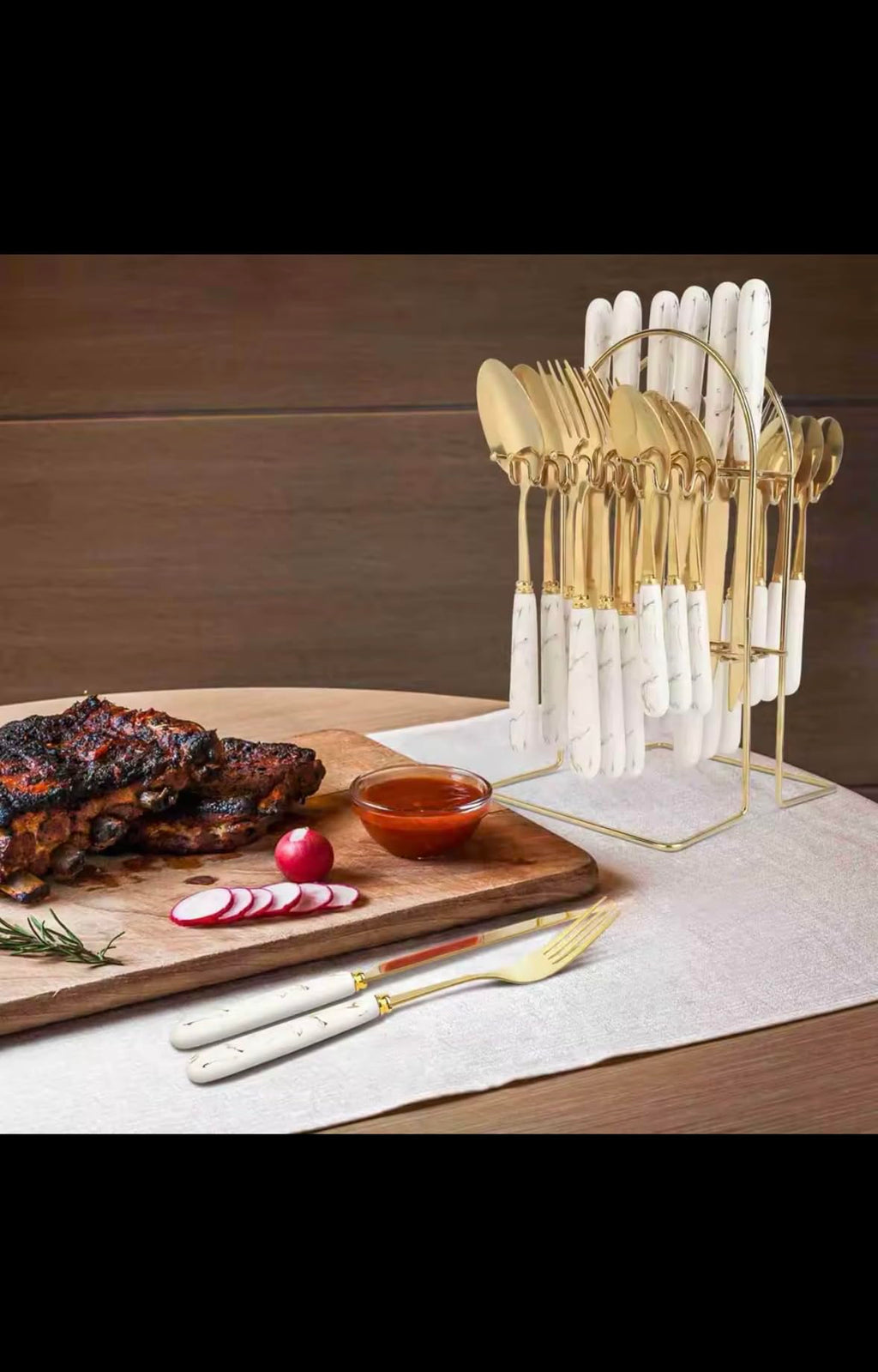 Luxury Gold Marble Pattern Flatware Set, 24-Piece Stainless Steel Cutlery Set with Stand, Mirror Polished Tableware with Thickened Material, Sharp Blade, Smooth Edge for Home, Restaurant