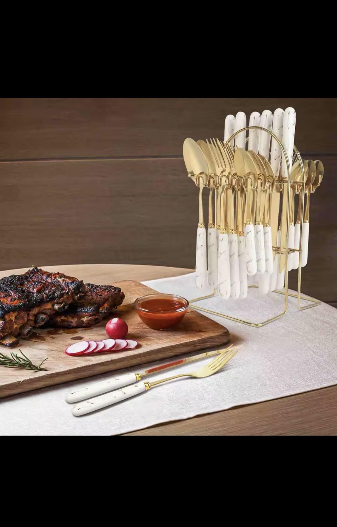 Luxury Gold Marble Pattern Flatware Set, 24-Piece Stainless Steel Cutlery Set with Stand, Mirror Polished Tableware with Thickened Material, Sharp Blade, Smooth Edge for Home, Restaurant