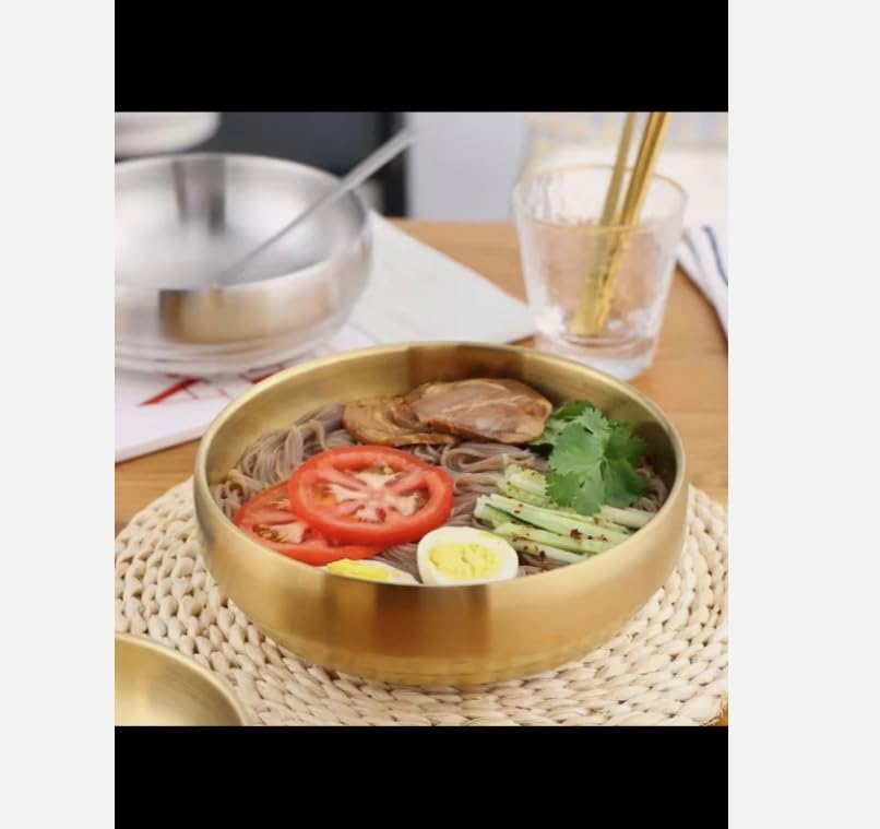 Korean Style Stainless Steel Double Layer Cold Noodle Bowl, Gold Finish, Round Serving Bowl for Traditional Asian Cuisine