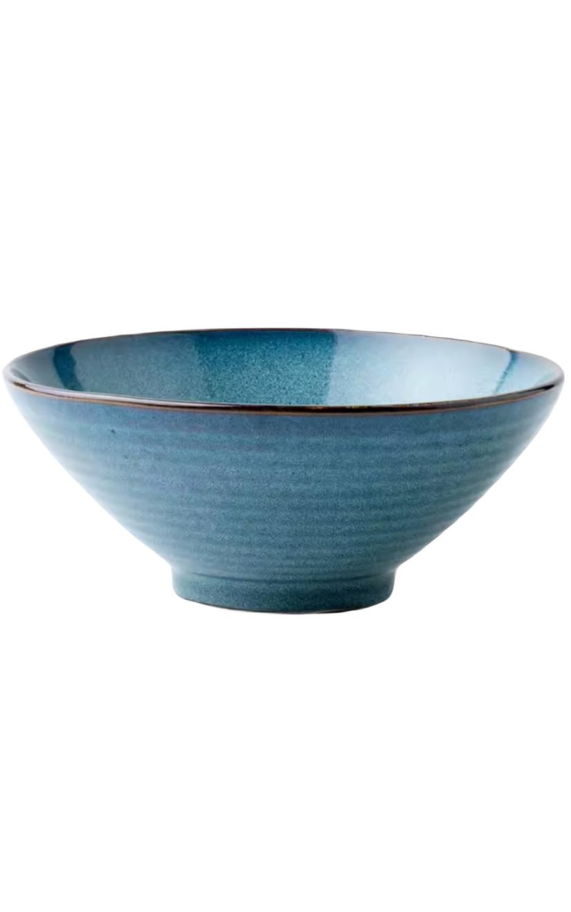 Creative Thread Ceramic Ramen Bowl, Blue Gradient, 8 Inch, Retro Bamboo Hat Style, Large Soup Bowl for Household and Commercial Use