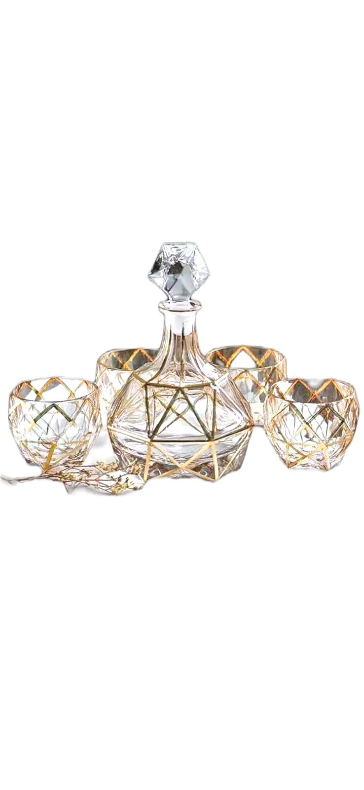 Crystal Whiskey Decanter Set with 4 Tumblers, Gold Geometric Line Design, Clear Glass Barware for Whisky, Beer and Cocktails