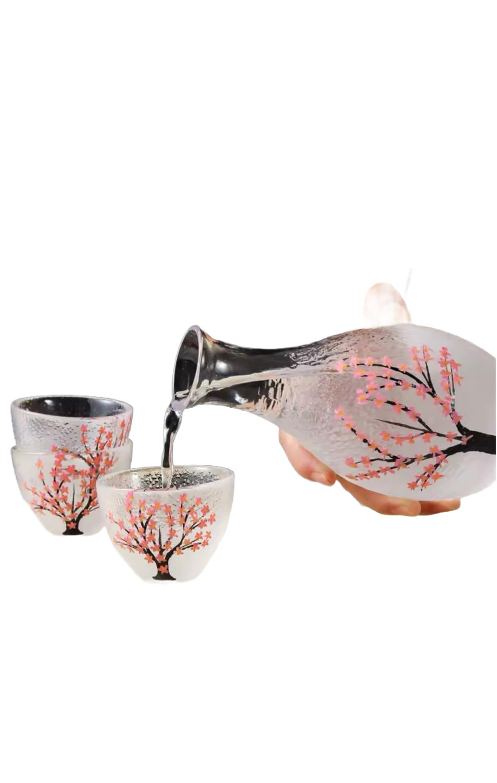 Japanese Cherry Blossom Sake Set, Hand-Painted Glass Bottle with 4 Cups, Traditional Frosted Design, Decorative Serving Set for Wine, Tea, Cold Drinks