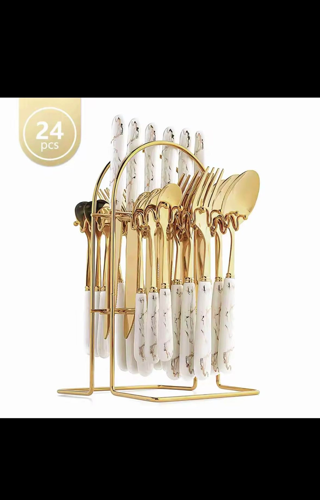Luxury Gold Marble Pattern Flatware Set, 24-Piece Stainless Steel Cutlery Set with Stand, Mirror Polished Tableware with Thickened Material, Sharp Blade, Smooth Edge for Home, Restaurant