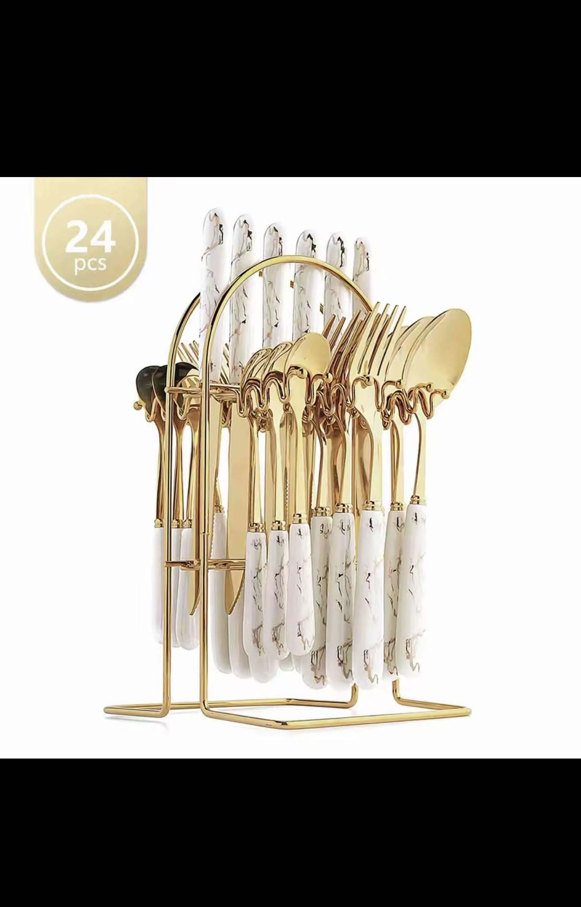 Luxury Gold Marble Pattern Flatware Set, 24-Piece Stainless Steel Cutlery Set with Stand, Mirror Polished Tableware with Thickened Material, Sharp Blade, Smooth Edge for Home, Restaurant
