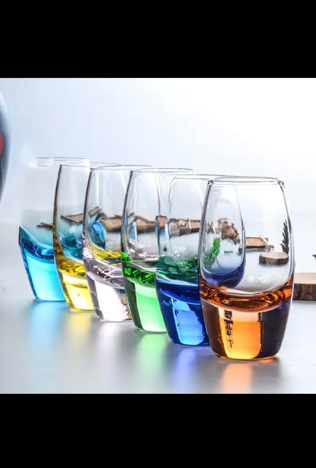 Elegant Rainbow Tequila Shot Glasses Set, Hand-Blown Crystal Glass, Multi-Colored Base, 6 Piece Collection