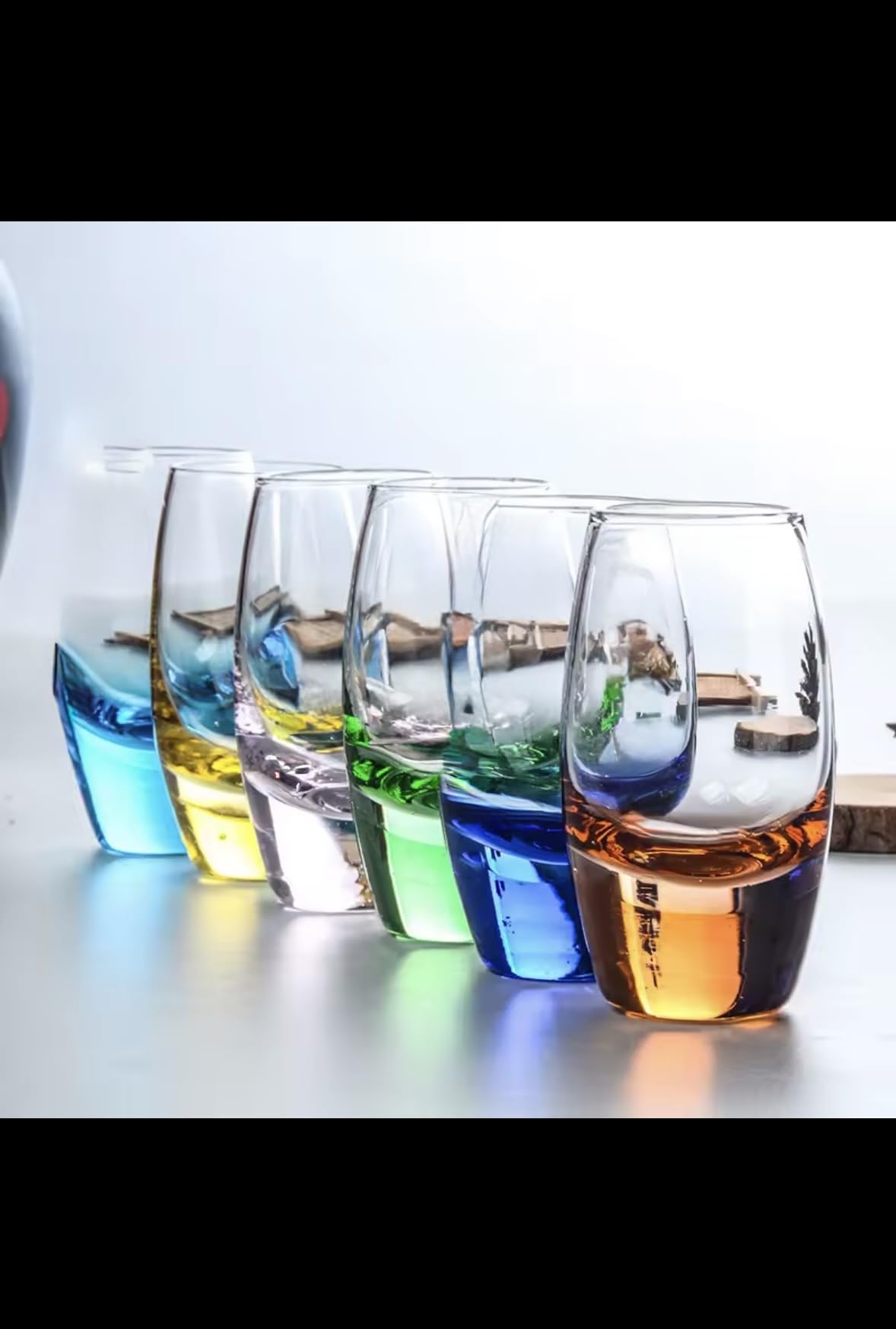 Elegant Rainbow Tequila Shot Glasses Set, Hand-Blown Crystal Glass, Multi-Colored Base, 6 Piece Collection