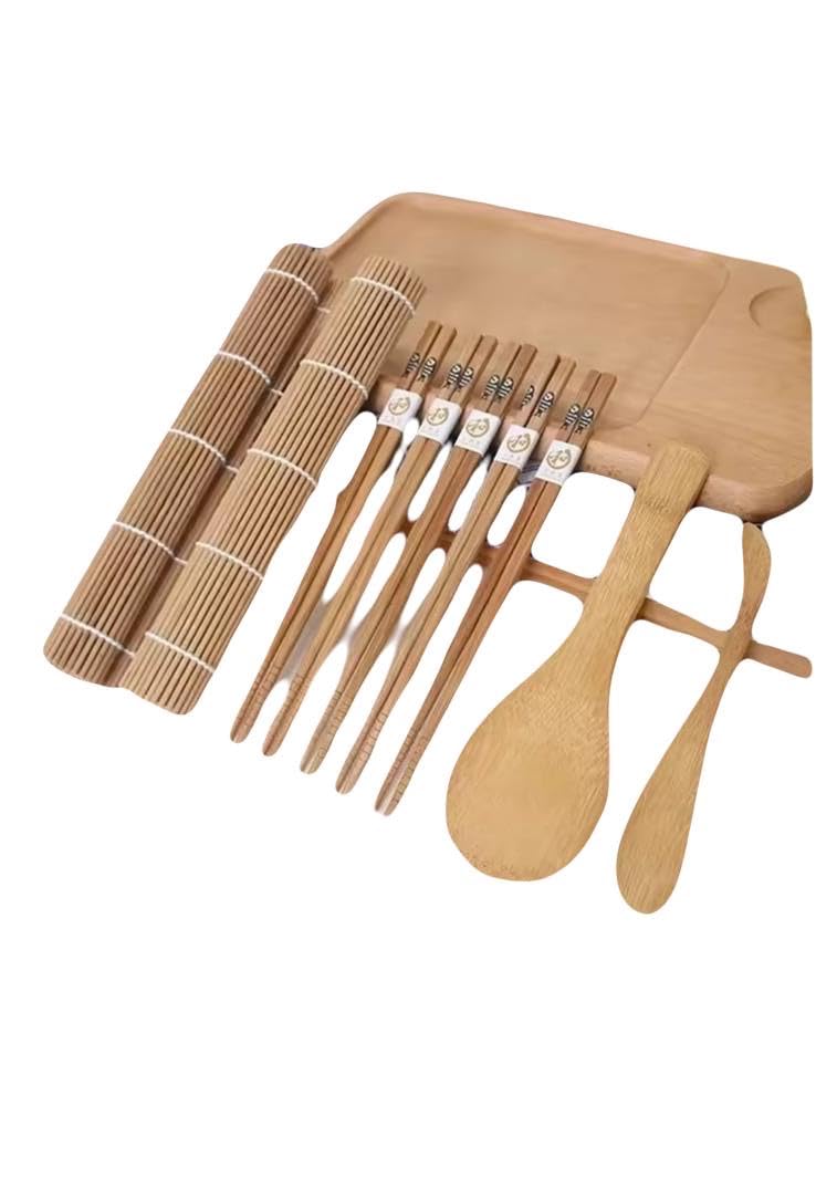 Bamboo Sushi Making Kit, 9-Piece DIY Set with Rolling Mats, Chopsticks, Rice Paddle and Spreader