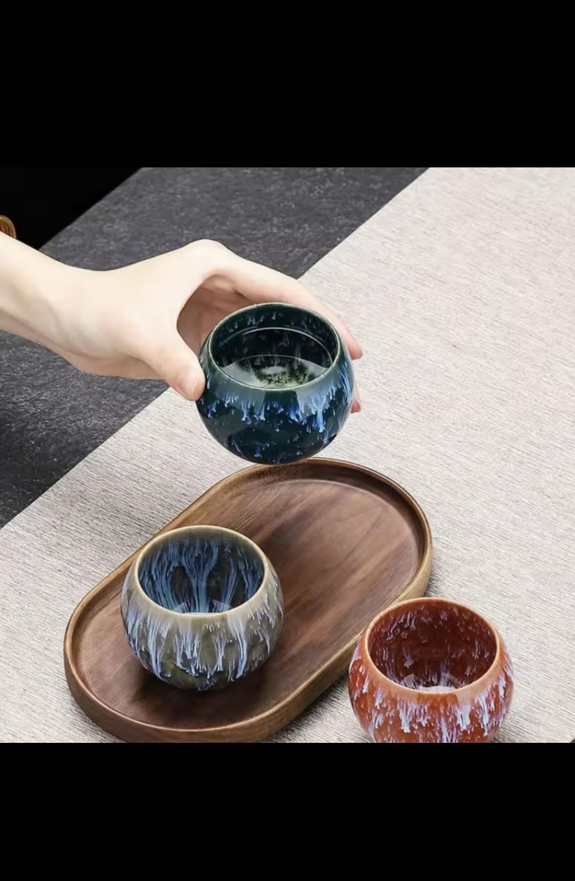 Artisanal Japanese Ceramic Tea Cups Set, Kiln-Transmutation Glazed, Multi-Color Porcelain, Traditional Gongfu Style, Decorative Drip Pattern, Gift Box Package, 5-Piece Set