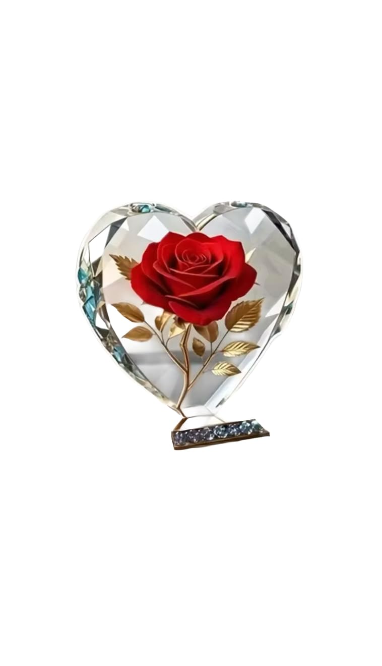 Acrylic Heart Shaped Sculpture Ornament with Red Rose and Gold Accents, 15cm Desktop Decor, 2D Flat Design, Scratch Resistant