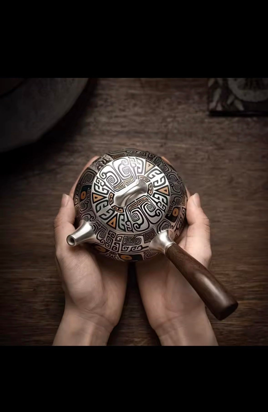 Handcrafted Silver Teapot with Aztec Pattern Design, Traditional Kung Fu Tea Set, Side Handle Stone Ladle, Pure Silver Gilded Finish for Household Use