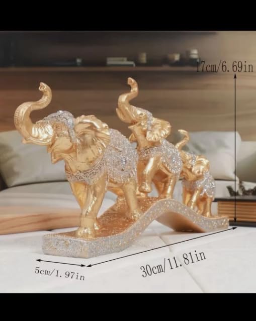 Decorative Elephant Family Figurine Set, Gold and Silver Glitter Resin Sculptures, Traditional Indian Style Home Decor Collection
