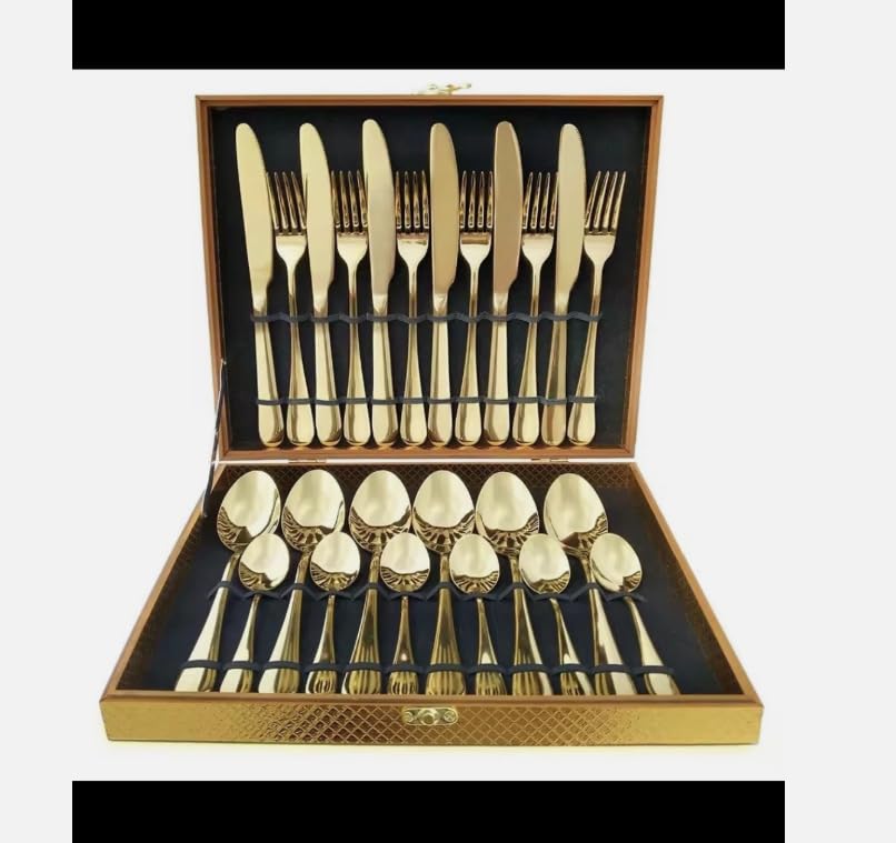 Luxury 24-Piece Gold Plated Cutlery Set, Stainless Steel Flatware Service for 6, Premium Dinnerware with Storage Case
