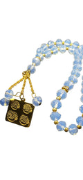 Islamic Prayer Beads, Opalescent Glass and Gold Stainless Steel Tasbih, 40cm Length with Calligraphy Pendant, Traditional Religious Prayer Rosary for Daily Meditation