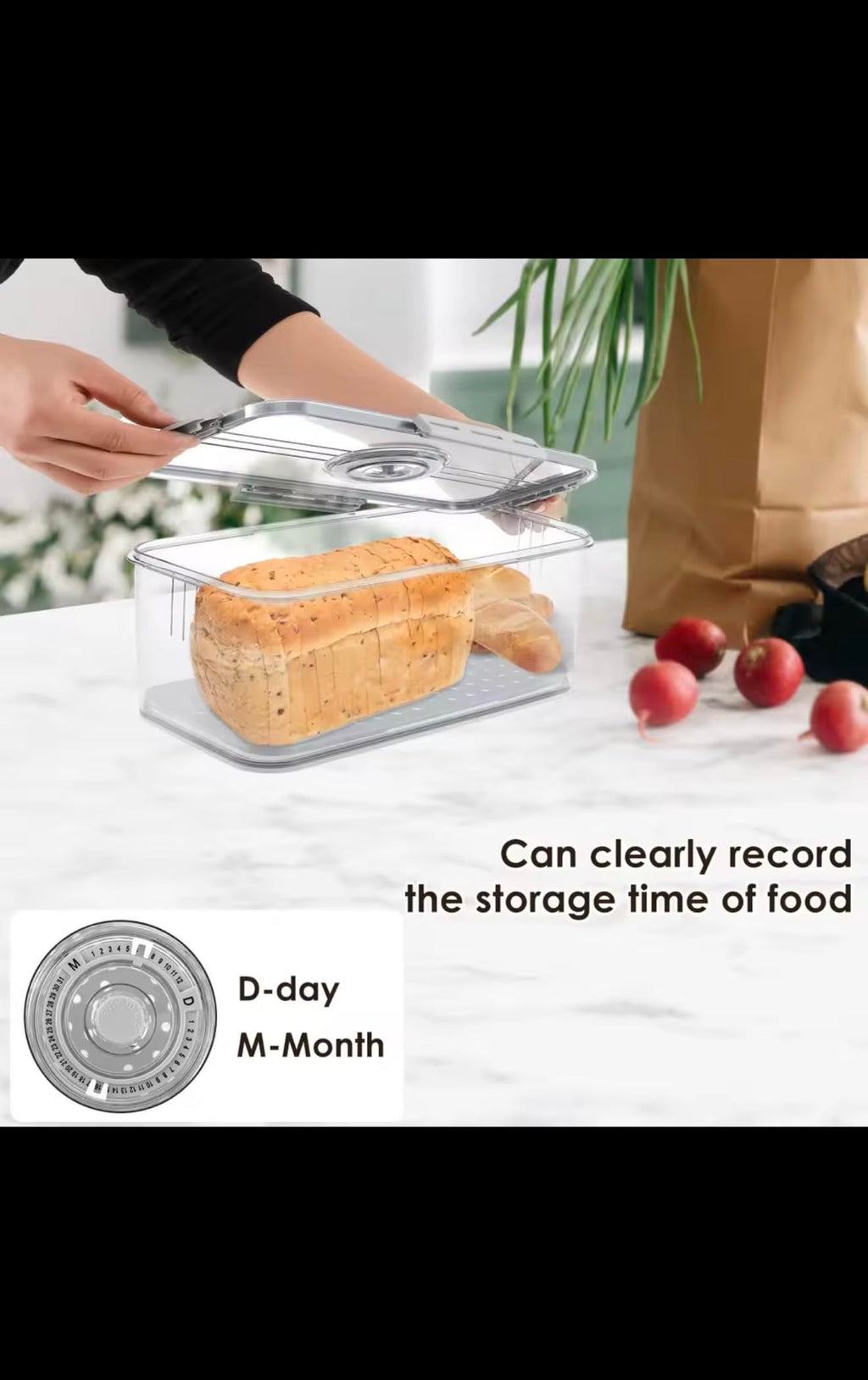 Bread Storage Container with Time Recording Dial, Airtight Bread Box with Drain Board and Air Valve, Clear Kitchen Food Preservation Organizer