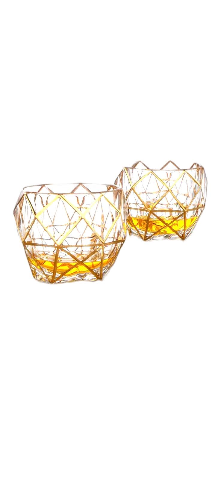 Crystal Whiskey Decanter Set with 4 Tumblers, Gold Geometric Line Design, Clear Glass Barware for Whisky, Beer and Cocktails