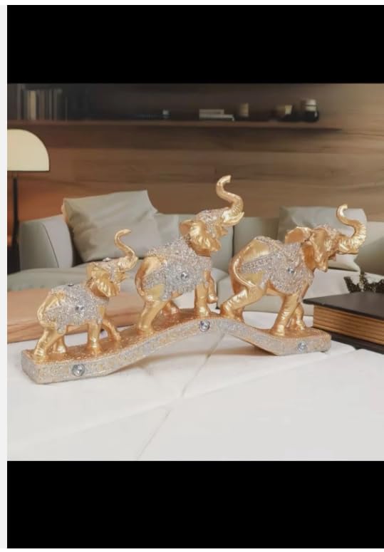 Decorative Elephant Family Figurine Set, Gold and Silver Glitter Resin Sculptures, Traditional Indian Style Home Decor Collection