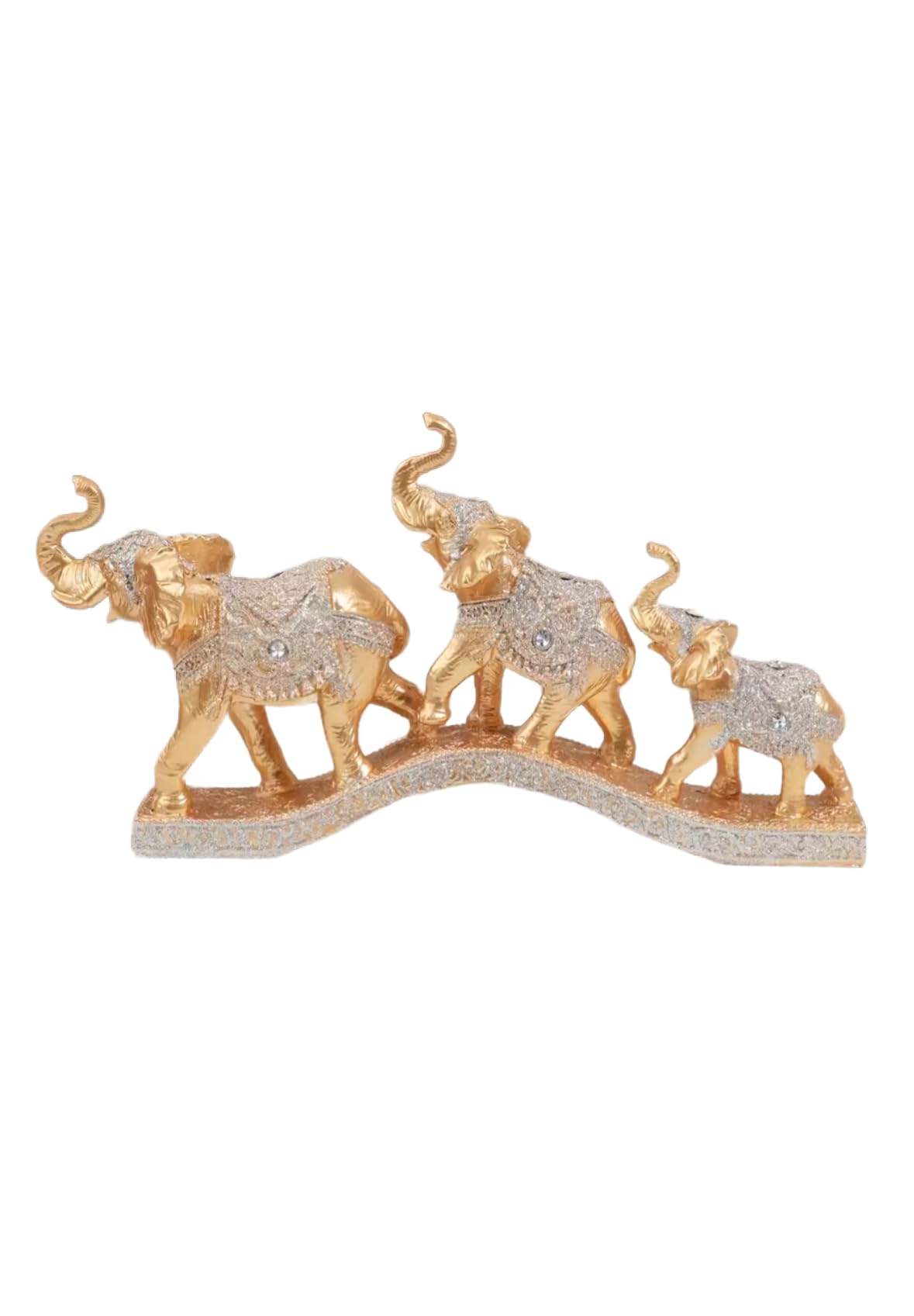 Decorative Elephant Family Figurine Set, Gold and Silver Glitter Resin Sculptures, Traditional Indian Style Home Decor Collection