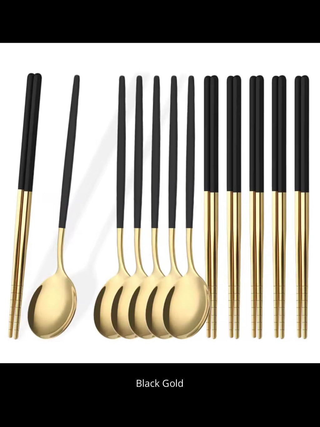 Black Gold Korean Cutlery Set, 12-Piece Stainless Steel Flatware with Chopsticks, Spoons, Forks, Modern Two-Tone Design, 20.8cm/21cm Length