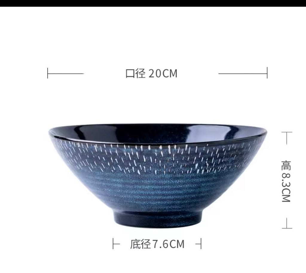 Japanese Kiln Deep Blue Ceramic Ramen Bowl, 20.3 cm Diameter, Speckled Texture, Smooth Glaze, Traditional Japanese Style, Dishwasher Safe, 1000ml Capacity