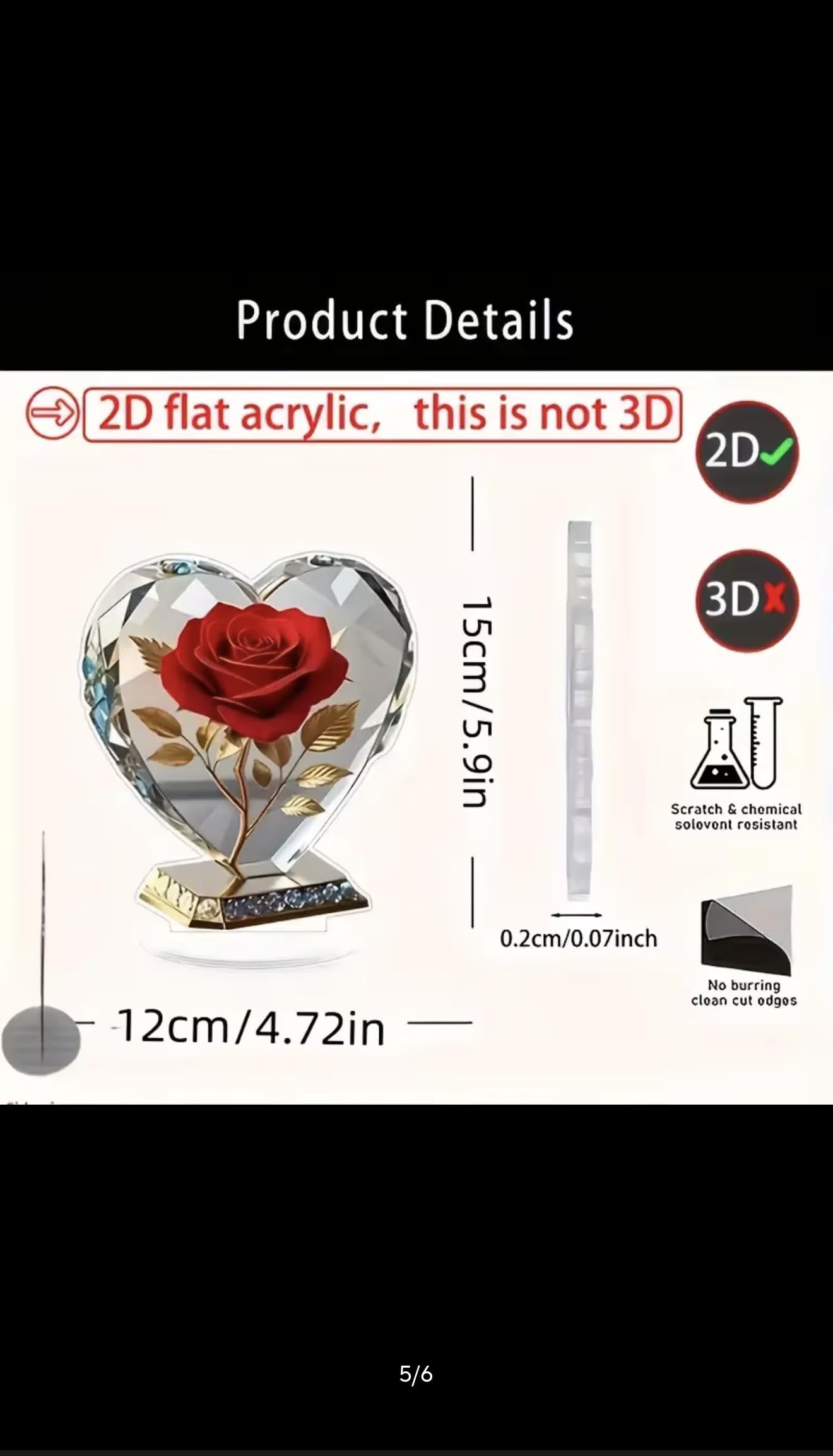 Acrylic Heart Shaped Sculpture Ornament with Red Rose and Gold Accents, 15cm Desktop Decor, 2D Flat Design, Scratch Resistant