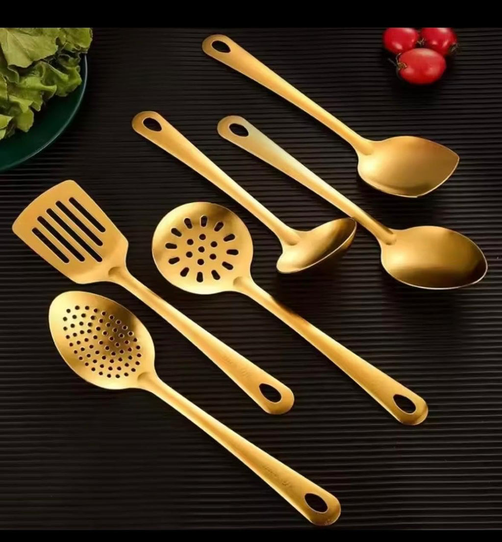 6pcs Stainless Steel Dinnerware Set Home Creative Korean Cutlery Golden Spoon Korean-Style Hot Pot Cutlery Set Kitchenware Set