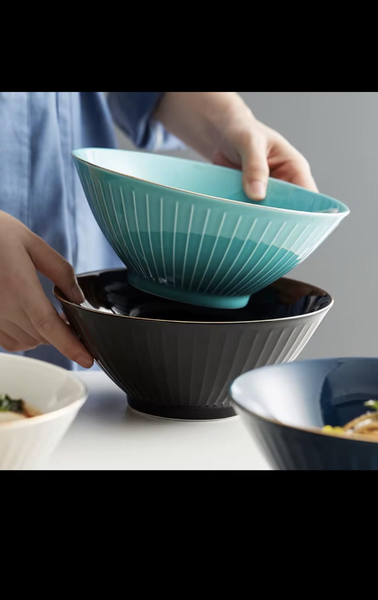 Japanese Ceramic Ramen Bowl with Gold Rim, 8-Inch, Vertical Line Design, Porcelain Dinner Bowl for Home Restaurant, Available in White Black Green