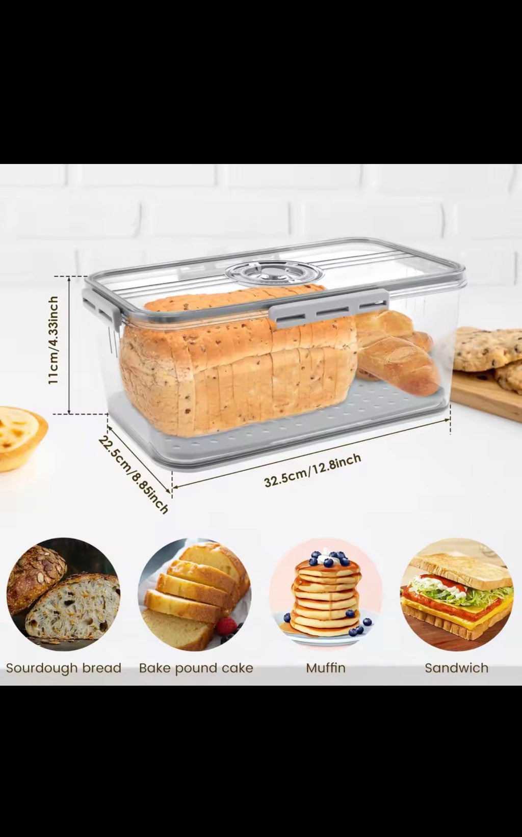 Bread Storage Container with Time Recording Dial, Airtight Bread Box with Drain Board and Air Valve, Clear Kitchen Food Preservation Organizer