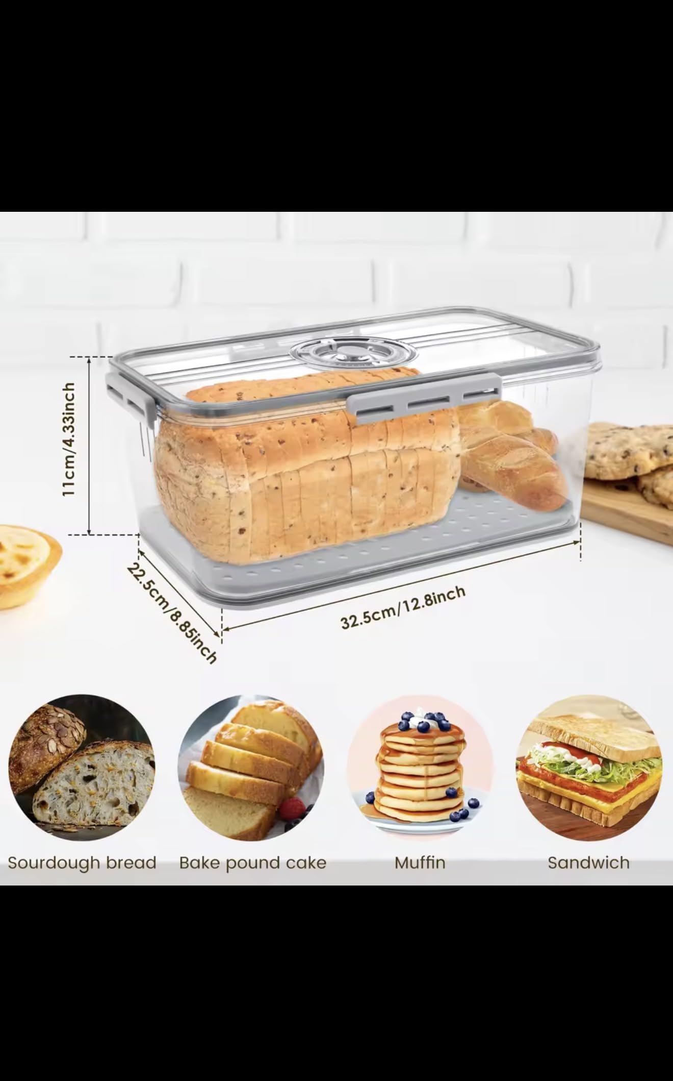 Bread Storage Container with Time Recording Dial, Airtight Bread Box with Drain Board and Air Valve, Clear Kitchen Food Preservation Organizer